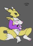  anthro armwear black_nose black_sclera blue_eyes breasts bridal_gauntlets clothing digimon female fluffy fluffy_tail fur gloves hi_res mostly_nude nipples pink_nipples pussy renamon smile solo veldazik yellow_fur 