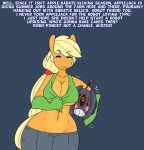  2015 anthro anthrofied applejack_(mlp) areola big_breasts blush breasts cleavage clothed clothing earth_pony english_text equine female friendship_is_magic hi_res horse mammal midriff my_little_pony pony smile solo somescrub text 