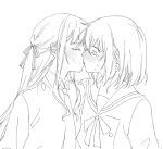  2girls bang_dream! bang_dream!_it's_mygo!!!!! blush closed_eyes collared_shirt commentary greyscale hair_ribbon hanasakigawa_school_uniform haneoka_school_uniform kiss misumi_uika monochrome multiple_girls necktie ribbon school_uniform shirt togawa_sakiko tpt3p two_side_up yuri 