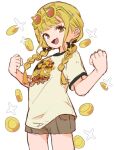  1girl :d blonde_hair braid clenched_hands coin dot_nose eyewear_on_head fang fujita_kotone gakuen_idolmaster gholdengo hair_over_shoulder hands_up idolmaster jaggy_lines jamir long_hair looking_at_viewer low_twin_braids open_mouth pokemon shirt short_shorts shorts skin_fang smile solo twin_braids yellow_eyes 