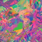  1girl abstract black_sun building cat colorful commentary_request dress field flower flower_field highres holding holding_flower industrial_pipe long_hair mountainous_horizon norwayrat original sitting stain sun very_long_hair 