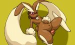  2018 animal_genitalia animal_penis anthro balls bell_collar belly big_ears brown_fur collar compression_artifacts fur hi_res lagomorph lopearedquentin lopunny male mammal navel nintendo nude penis pok&eacute;mon pok&eacute;mon_(species) red_eyes simple_background solo tapering_penis thick_thighs video_games yellow_background 