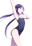  arched_back armpits arms_up black_swimsuit blush closed_mouth collarbone competition_school_swimsuit double_vertical_stripe eyebrows_visible_through_hair flat_chest from_side highres kurosa_kichi long_hair looking_at_viewer looking_to_the_side low_twintails muroto_aki one-piece_swimsuit photokano purple_eyes purple_hair shiny shiny_hair sidelocks simple_background smile solo swimsuit thighs twintails white_background 