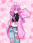  1girl absurdres adjusting_headphones animal_ear_headphones animal_ears aqua_bow arm_behind_back aubrey_(birthday)_(omori) aubrey_(faraway)_(omori) aubrey_(omori) bag belt black_belt black_shirt blue_pants bow braid breasts cardigan chinese_commentary circle closed_mouth clothes_writing clothing_cutout commentary_request copyright_name cowboy_shot cupcake_bunny_(omori) denim double-parted_bangs expressionless fake_animal_ears forest_bunny?_(omori) hair_between_eyes hair_bow hair_ornament hair_over_shoulder hairclip hand_up headphones highres jeans light_frown long_hair long_sleeves looking_at_viewer low_twin_braids midriff navel official_alternate_costume official_alternate_hairstyle omori open_cardigan open_clothes outline pants parallel_hairclips pink_background pink_bag pink_cardigan pink_hair pink_outline pink_theme puffy_long_sleeves puffy_sleeves rabbit_ear_headphones rabbit_ears rainbrey_0801 shirt shoulder_bag simple_background single_bare_shoulder sleeveless sleeveless_shirt sleeveless_turtleneck small_breasts solo standing star_(symbol) tareme torn_clothes torn_jeans torn_pants turning_head turtleneck turtleneck_shirt twin_braids white_outline 