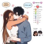  1boy 1girl akanichiyu alien_stage arms_around_neck black_hair breasts brown_hair closed_eyes commentary dark-skinned_female dark_skin english_commentary english_text fang grey_shirt heart highres hug hyuna_(alien_stage) ivan_(alien_stage) kiss kiss_meter_(meme) kissing_cheek long_hair meme one_eye_closed shirt short_hair very_long_hair very_short_hair 