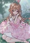 1girl animal_ears bare_legs bare_shoulders blue_eyes blush bow brown_hair closed_mouth dress dress_bow flower frilled_dress frills gakuen_idolmaster grass hair_bun hand_in_own_hair high_heels highres himesaki_rinami idolmaster long_hair looking_to_the_side medium_dress on_ground petting pink_bow pink_dress pink_rabbit pink_shoes puffy_sleeves rabbit rabbit_ears shoes simple_background skirt sleeveless sleeveless_dress smile solo solo_focus sparkle too_many_flowers white_bow white_flower yuuyu_(moco20111115) 