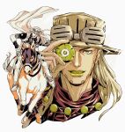  2boys ball blonde_hair cape chaps commentary_request cowboy_hat dual_persona egg_(cknlun) goggles goggles_on_headwear green_eyes green_lips grills gyro_zeppeli hat highres holding holding_ball holding_reins horse horseback_riding jojo_no_kimyou_na_bouken long_hair male_focus multiple_boys reins riding steel_ball_(jojo) steel_ball_run valkyrie_(jojo) 