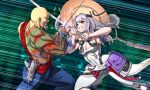  1boy 1girl bald bare_shoulders beard breasts cleavage crossover dragon_tattoo facial_hair goddess_of_victory:_nikke grey_hair gun hair_between_eyes hat highres holding holding_weapon jingasa large_breasts lo_wang long_hair looking_at_viewer muscular muscular_male mustache scarlet_(nikke) shadow_warrior smile solo sparkle submachine_gun substance20 sword tattoo uzi weapon yellow_eyes 
