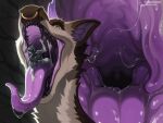 anthro black_teeth bodily_fluids brown_body brown_fur brown_hair canid canine canis digital_drawing_(artwork) digital_media_(artwork) digital_painting_(artwork) drooling duo eating fangs feral fin flippers fur grey_body grey_fur grey_hair hair hi_res hoffersanchez horn male mammal mouth_shot open_mouth painting_(artwork) piercing purple_mouth saliva saliva_on_tongue saliva_string snout spikes teeth throat tongue tongue_out vore white_body white_fur white_hair wolf