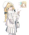  1girl am_0410 beret black_ribbon blonde_hair blush braid casual fang fujita_kotone gakuen_idolmaster hair_ribbon hat head_tilt idolmaster jacket long_hair looking_at_viewer official_art_inset pleated_skirt ribbon scarf skirt smile solo twin_braids v white_hat white_jacket white_scarf white_skirt yellow_eyes 