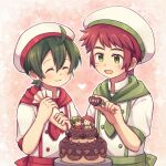  2boys ahoge batter blush cake chef chocolate_cake closed_eyes cookie cream decorating_baked_goods digimon digimon_universe:_appli_monsters figure food green_eyes green_hair green_neckerchief heart heart-shaped_cookie heart-shaped_food holding holding_cookie holding_food holding_pastry_bag icing lulu_hane male_focus multiple_boys neckerchief ozora_yujin pastry_bag patissier red_hair red_neckerchief shinkai_haru simple_background yaoi 