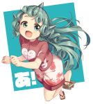  :d a bare_legs blue_background breasts collared_shirt commentary_request curly_hair ears fang full_body geta green_eyes green_hair highres horn kariyushi_shirt komano_aun ksk_(semicha_keisuke) leg_up long_hair looking_at_viewer medium_breasts open_mouth paw_pose red_shirt shirt short_sleeves shorts smile solo standing standing_on_one_leg tareme thick_eyebrows touhou two-tone_background white_background white_shorts 
