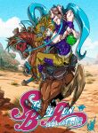 1boy armband ball belt black_armband blonde_hair blue_cape blue_eyes blue_lips bridal_gauntlets brown_mask cape commentary_request copyright_name desert goggles goggles_on_head grey_belt grin gyro_zeppeli hat highres holding holding_ball holding_reins horse horseback_riding horseshoe jojo_no_kimyou_na_bouken logo looking_at_viewer male_focus pants purple_bridal_gauntlets purple_shirt reins riding saddlebags shirt shoes short_sleeves signature smile solo spinning spurs steel_ball_(jojo) steel_ball_run valkyrie_(jojo) vanhouten yellow_hat yellow_pants 