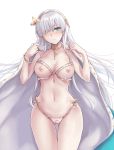  anastasia_(fate/grand_order) aqua_eyes ass_visible_through_thighs bangle bangs bare_arms bare_shoulders bra bracelet breastless_clothes breasts cape cleavage collarbone crotchless_panties eyebrows_visible_through_hair fate/grand_order fate_(series) frilled_bra frills groin hair_ornament hair_over_one_eye hairband head_tilt highres jewelry leaf_hair_ornament long_hair medium_breasts navel neck_ring nipples panties pussy royal_robe silver_hair simple_background solo stomach thigh_gap thighs tsurime underwear very_long_hair white_background white_bra white_cape white_panties yellow_hairband yuemanhuaikong 