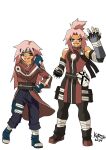  1girl armor breasts dual_persona elbow_sleeve forehead_protector gauntlets gloves green_eyes hairband haruno_sakura highres karystmania konohagakure_symbol long_hair looking_at_viewer naruto_(classic) naruto_(series) naruto_shippuuden ninja pants pink_hair redesign short_hair sleeveless smile 