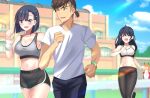  1boy 3girls animal_ears bare_shoulders black_hair black_pants black_shorts blue_sky blush breasts brown_eyes brown_hair cleavage collarbone commentary ear_covers english_commentary exhausted grey_sports_bra hair_ornament hairclip highres horse_ears horse_girl jacket jogging kashimoto_riko kiryuin_aoi large_breasts long_hair long_sleeves medium_breasts midriff multiple_girls navel one_eye_closed open_mouth orange_hair outdoors pants ponytail purple_eyes red_jacket red_pants red_track_suit reiei_8 running shirt short_hair shorts silence_suzuka_(umamusume) sky smile sports_bra sweat team_spica's_trainer tracen_training_uniform track_jacket track_pants track_suit trainer_(umamusume) umamusume white_shirt white_sports_bra wristband 