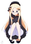  abigail_williams_(fate/grand_order) bangs bespectacled black_bow black_dress black_footwear black_hat blonde_hair bloomers blue_eyes blush bow bug butterfly closed_mouth commentary_request dress eyebrows_visible_through_hair fate/grand_order fate_(series) forehead glasses hair_bow hat highres insect kujou_karasuma long_hair long_sleeves looking_at_viewer mary_janes orange_bow parted_bangs polka_dot polka_dot_bow shoes signature simple_background sitting sleeves_past_fingers sleeves_past_wrists smile solo underwear very_long_hair white_background white_bloomers 