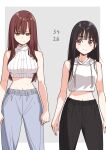  2girls bare_arms bare_shoulders black_hair black_pants blue_pants breasts chapter_number clenched_hands closed_mouth confused copyright_name determined futaba_yuuri green_eyes grey_background highres idol_x_idol_story! large_breasts long_hair medium_breasts midriff multiple_girls nagisa_mimi navel official_art pants purple_eyes red_hair shirt simple_background sleeveless sleeveless_turtleneck standing stomach straight_hair sweatdrop sweatpants tokunou_shoutarou turtleneck white_shirt 