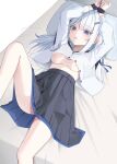  1girl absurdres arms_up bed_sheet black_skirt blue_eyes blue_sailor_collar blue_skirt blush bound bound_wrists breasts commentary dere_mono_j dress_shirt feet_out_of_frame from_above hair_ornament hairpin highres knee_up layered_skirt long_hair long_sleeves looking_at_viewer lying nipples on_back on_bed original paid_reward_available parted_lips partially_unbuttoned pillow pleated_skirt sailor_collar shirt sidelocks skirt solo thighs twitter_suki underboob white_hair white_shirt wrist_cuffs 