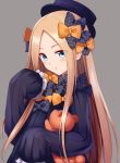  :o abigail_williams_(fate/grand_order) bangs black_bow black_dress black_hat blonde_hair blue_eyes blush bow commentary dress eyebrows_visible_through_hair eyes_visible_through_hair fate/grand_order fate_(series) forehead grey_background hair_bow hand_up hat highres long_hair long_sleeves looking_at_viewer mahcdai object_hug orange_bow parted_bangs parted_lips polka_dot polka_dot_bow shiny shiny_hair sidelocks simple_background sleeves_past_fingers sleeves_past_wrists solo straight_hair stuffed_animal stuffed_toy teddy_bear upper_body very_long_hair 