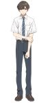  1boy :| black_pants blue_necktie brown_hair brown_shoes closed_mouth collared_shirt diagonal-striped_clothes diagonal-striped_necktie doko_yori_mo_tooi_basho_ni_iru_kimi_e full_body grey_eyes highres loafers male_focus necktie official_art pants school_uniform shirt shoes short_hair short_sleeves simple_background solo striped_clothes transparent_background tsukigase_kazuki white_shirt 