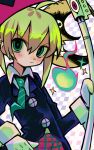  1girl absurdres ahoge black_jacket blonde_hair blush checkered_background collarbone commentary_request crescent_moon frown gloves green_eyes green_necktie grizzace hair_between_eyes halftone highres hitodama holding holding_scythe jacket long_hair long_sleeves looking_at_viewer maka_albarn moon necktie plaid_clothes plaid_skirt red_skirt scythe sidelocks skirt solo soul_eater soul_eater_moon sparkle striped_clothes striped_necktie twintails upper_body white_gloves 