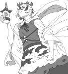 1girl animal_print bishamonten's_pagoda clenched_hand closed_mouth commentary_request dress greyscale hagoromo holding long_sleeves looking_at_viewer mero_(starfish_jcs) monochrome multicolored_hair neck_ribbon ribbon shawl short_hair solo streaked_hair tiger_print toramaru_shou touhou wide_sleeves 