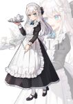  1girl apron back_bow black_bow black_dress black_shoes blue_eyes blush bow braid closed_mouth commentary_request cup cup_hair_ornament different_zoom_layer dress fork_hair_ornament frilled_apron frills full_body grey_hair hair_bow hair_ornament half_up_braid hand_on_own_thigh high_heels highres holding holding_tray indie_virtual_youtuber juliet_sleeves long_dress long_hair long_sleeves maid maid_apron maid_headdress mary_janes mole mole_under_eye nagino_mashiro open_mouth pantyhose puffy_sleeves sample_watermark shinishi_chiho shoes sleeve_cuffs smile solo teacup teapot tray virtual_youtuber watermark white_apron white_pantyhose 