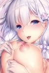  azur_lane bangs blue_eyes blush breast_lift breasts choker close-up eyebrows_visible_through_hair flower hair_between_eyes hair_flower hair_ornament illustrious_(azur_lane) large_breasts lips long_hair looking_at_viewer low_twintails mole mole_under_eye nipples nironiro parted_lips rose saliva solo teeth tongue tongue_out twintails upper_body veil white_choker white_flower white_rose 