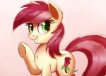  2016 cutie_mark earth_pony equine female feral friendship_is_magic fur green_eyes hair horse looking_at_viewer mammal my_little_pony ncmares pink_background pony red_hair rose_(mlp) simple_background smile solo tan_fur 