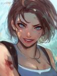  1girl artist_name blood blood_on_face blue_eyes breasts brown_hair cleavage commentary_request harness highres jewelry jill_valentine looking_at_viewer necklace pink_lips resident_evil resident_evil_3:_nemesis shirt short_hair smile tank_top tomoe00022 