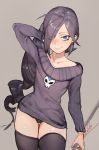  1girl bare_shoulders blue_eyes drill_hair hair_ornament hair_over_one_eye long_hair off-shoulder_sweater purple_hair solo sweater thighhighs underwear wink zone-tan 