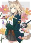  1girl animal_ears arknights belt black_skirt blonde_hair commentary commentary_request cosmos_(flower) cowboy_shot dog_ears dog_girl flower green_eyes green_jacket hair_between_eyes highres infection_monitor_(arknights) jacket koge_nattou light_blush open_clothes open_jacket orange_flower pink_flower plant podenco_(arknights) skirt staff test_tube utility_belt vial 