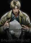  1boy bags_under_eyes blonde_hair blue_shirt coat colored_skin commentary english_commentary frown game_screenshot_inset green_coat highres itssanlee james_sunderland screenshot_inset shirt silent_hill_(series) silent_hill_2 simple_background solo unbuttoned unbuttoned_shirt white_skin 