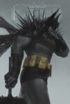  absolute_batman absolute_dc axe back_spikes bat_mask batman batman_(absolute_dc) batman_symbol battle_axe belt black_cape bodysuit cape dc_comics grey_bodysuit highres lifting_object multicolored_bodysuit saika78649750 superhero_costume taut_bodysuit two-tone_bodysuit utility_belt weapon 