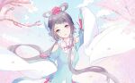  1girl aqua_dress aqua_ribbon bare_shoulders beads blue_eyes blue_sky bow-shaped_hair braid cherry_blossoms chinese_clothes chinese_commentary clothing_cutout cloud collar commentary_request cowboy_shot dancing day detached_collar dot_nose dress expressionless eyelashes eyeshadow falling_petals flower grey_hair hair_beads hair_flower hair_ornament hair_over_shoulder hair_ribbon hair_rings layered_sleeves long_hair long_sleeves looking_at_viewer luo_tianyi makeup mandarin_collar miqing open_mouth outdoors petals pink_eyeshadow pink_flower pink_rose pleated_skirt ribbon rose san_yue_yu_(vocaloid) shoulder_cutout single_braid skirt skirt_under_dress sky sleeves_past_fingers sleeves_past_wrists solo spring_(season) standing tassel tree very_long_hair vocaloid vsinger_(vocaloid) white_collar white_skirt white_sleeves wide_sleeves 