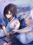  blue_eyes blurry blurry_foreground brown_hair depth_of_field glint hair_between_eyes highres holding holding_sword holding_weapon japanese_clothes kara_no_kyoukai katana kimono long_sleeves looking_at_viewer obi petals rean_(r_ean) ryougi_shiki sash scabbard sheath solo sword weapon white_kimono wide_sleeves 