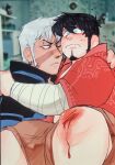 blood bodily_fluids boyfriend/boyfriend comforting_another duke_(reubz) ear_piercing ear_ring facial_hair goatee hair hi_res hug hugging_another human male male/male mammal one_eye_closed piercing ring_piercing romantic romantic_couple salem_(reubz) scar scraped_knees tears unknown_artist white_hair wounded