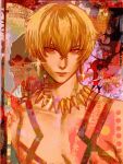  1boy abstract_background artist_name blonde_hair bright_pupils closed_mouth collarbone commentary cropped_torso crossed_bangs earrings eyelashes fate/zero fate_(series) gilgamesh_(fate) gold_earrings gold_necklace hair_between_eyes highres jewelry krxggl lips looking_at_viewer male_focus muscular muscular_male necklace red_eyes shadow short_hair smile solo sparkle topless_male untranslatable_commentary white_pupils 