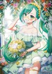  .live 1girl back-seamed_legwear blush bouquet braid breasts bridal_veil bride cleavage collarbone collared_shirt commentary_request copyright_notice dress earrings flower flower_earrings flower_wreath glasses gold_thighlet green_dress green_eyes green_hair grin half_up_braid holding holding_bouquet jewelry kagura_suzu_(.live) lace-trimmed_dress lace_trim large_breasts looking_at_viewer off-shoulder_dress off_shoulder official_art petticoat ponytail red_lips sample_watermark seamed_legwear see-through_clothes see-through_veil semi-rimless_eyewear shinishi_chiho shirt short_dress short_sleeves smile solo thighlet veil virtual_youtuber watermark window 