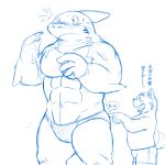  anthro blush canine child clothing dialogue duo fish japanese_text male mammal marine muscular muscular_male navel shark shiba-kenta smile sound_effects speedo surprise sweat sweatdrop swimsuit teeth text whistle young 