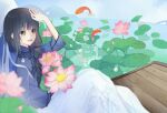  1girl 1other ambiguous_gender animal back-to-back black_hair blue_hanfu blue_shirt blue_sky blunt_bangs braid brown_eyes chinese_clothes choppy_bangs cloud collared_shirt commentary_request day dock feet_out_of_frame fish flower flying_fish goldfish hair_over_shoulder hand_on_own_head hanfu happy high_collar holding holding_flower holding_plant lake lily_pad long_hair long_skirt long_sleeves looking_ahead loose_hair_strand low_ponytail mandarin_collar miqing mountainous_horizon open_mouth original outdoors palms pink_flower plant pleated_skirt ponytail shirt single_braid sitting skirt sky smile solo_focus tareme three-quarter_sleeves very_long_hair water_drop water_lily_flower white_hair white_skirt 