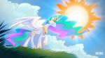  2016 cloud crown cutie_mark day equine eyes_closed feathered_wings feathers female feral friendship_is_magic fur grass hair horn jewelry mammal multicolored_hair multicolored_tail my_little_pony princess_celestia_(mlp) royalty seanica sky smile solo sun white_feathers white_fur winged_unicorn wings 