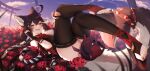  1girl ahoge animal_ears breasts brown_hair cleavage crossed_legs drill_hair feet flower hair_between_eyes heart heart_ahoge highres indie_virtual_youtuber large_breasts looking_at_viewer lying momote_(vtuber) multicolored_hair on_back open_mouth red_eyes red_flower red_nails skunk_ears skunk_girl skunk_tail sky stirrup_legwear thick_thighs thighhighs thighs toeless_legwear toes torii twin_drills two-tone_hair virtual_youtuber white_hair yoclesh 