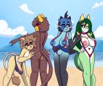  5_fingers absurd_res alexis_(boredomtool) anthro anus areola areola_slip beach big_breasts blush breasts butt butt_grab cel_shading clothed clothed/nude clothing clothing_pull cloud dewott erection felid female femboy fingers freckled_legs freckled_thighs freckles front_view generation_4_pokemon generation_5_pokemon genitals group hand_on_butt hi_res humanoid_genitalia kalais_(boredomtool) lion luxray male male/female mammal max_draws minatsu_(boredomtool) nintendo nipples nude one_eye_closed pantherine piercing pokemon pokemon_(species) public public_exposure public_nudity rear_view roxanne_(boredomtool) serperior shaded smug spread_butt spreading standing swimwear swimwear_pull vulva wink 