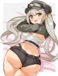  1girl ass bandeau black_shorts blush breasts commission cougar_(cougar1404) cropped_jacket goggles goggles_on_headwear grey_hair grey_hat grey_jacket hair_ribbon hat indie_virtual_youtuber jacket large_breasts long_hair long_sleeves looking_to_the_side lying official_alternate_costume official_alternate_hairstyle on_side open_mouth ribbon shee_icho short_shorts shorts solo twintails twisted_torso virtual_youtuber white_bandeau yellow_eyes yellow_ribbon 