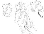  2017 anthro big_macintosh_(mlp) black_and_white bulge costume digital_drawing_(artwork) digital_media_(artwork) earth_pony equine friendship_is_magic furii horse male mammal monochrome my_little_pony open_mouth pony rubber shiny simple_background solo text white_background 