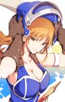  >:) 1girl adjusting_clothes adjusting_headwear armor armored_leotard blue_armor blue_helmet blue_leotard boobplate breasts brown_eyes brown_hair brown_helmet cleavage daisy_(dq) dragon_quest dragon_quest_yuusha_abel_densetsu fake_horns hands_up helmet highres horned_helmet horns ichizen_(o_tori) leotard long_hair looking_at_viewer looking_back sheath sheathed solo upper_body v-shaped_eyebrows watermark 