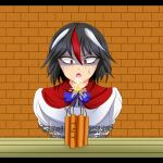  black_hair blue_bow blue_bowtie bound bow bowtie brick_wall chain commentary_request dress explosive hidaruma impending_doom kijin_seija looking_at_object open_mouth red_eyes short_sleeves sweatdrop tied_up_(nonsexual) tnt touhou turn_pale white_dress 