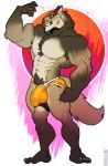 2016 abs anthro armpit_hair biceps body_hair bulge clothed clothing feline fur happy_trail huge_muscles kihu lynx male mammal muscular muscular_male nipples pecs penis_outline pirun_(character) pubes simple_background smile solo teeth topless vein 